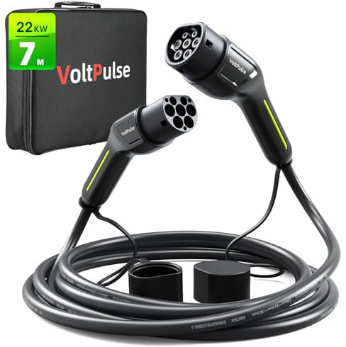 VoltPulse Tipo 2 Cavo di ricarica per auto elettrico, 22 kW 32 A trifase 7M EV/veicolo elettrico e ibrido ricaricabile tipo 2 a tipo 2 con borsa per il trasporto, compatibile con modello 3 Zoe e-Tron