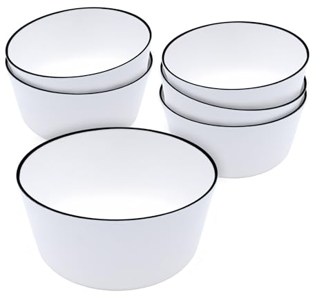 Juego de 6 cuencos de melamina para cereales, color blanco con borde negro, 700 ml, ensaladera de plástico para camping y pícnic, vajilla de camping para 4 personas, accesorios de camping, aptos para
