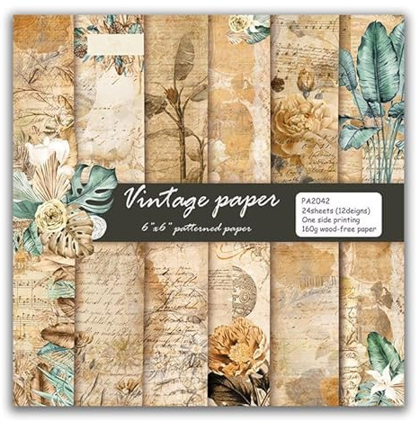 24 Blatt, 12 Designs, Vintage-Papierdesign, dekoratives, säurefreies Scrapbook-Papier-Set, 160 g/m², einseitig, 15,2 cm x 15,2 cm, 6 Zoll x 6 Zoll