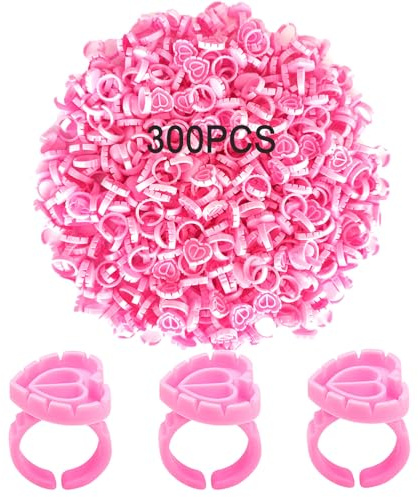 300PCS Disposable Glue Rings for Eyelash Extensions - Smart Holder Cups With Lovely Shape Lash Fan Blossom - Rose Red