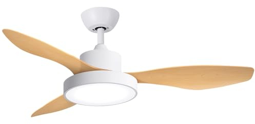 WUUM FLOW DC – Deckenventilator | Großes 24W LED-Licht mit 3 Farbtönen | Leistungsstarker, ultra-leiser Motor, 6 Geschwindigkeiten | Fernsteuerung per Fernbedienung | Farbe Holz und Weiß