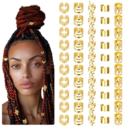 Molain 50 Stück Haarschmuck Gold für Zöpfe, Dreadlocks Schmuck Verstellbar Metall Haar Schmuck Haarringe Haarperlen zum Klipsen für Dreadlock-Zubehör Damen Herren