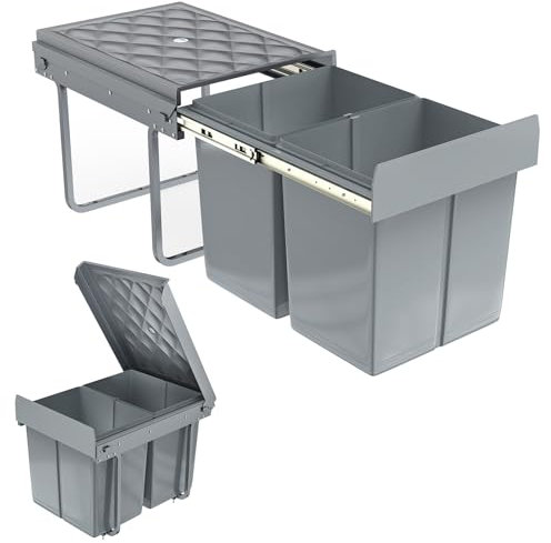 VA-Cerulean Cubo de basura empotrable con 2 compartimentos, 2 x 15 litros, cubo de basura extensible con rieles telescópicos, sistema de separación de basura extraíble, gris, 48 x 34,2 x 35,1 cm