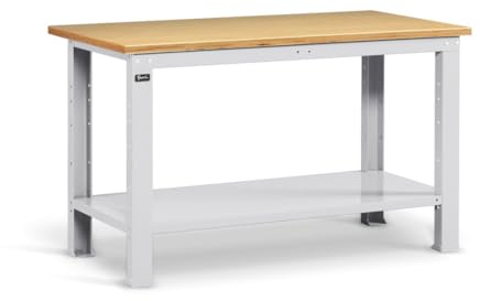 FAMI - Banco da Lavoro, con Gambe Fisse e Piano in Legno, Adatto a Garage e Officina, Base d'Appoggio per Attrezzi, Grigio, Portata 1000 kg, Dimensioni 150 x 75 x 88,2 cm