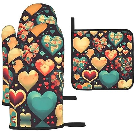 WZYWHJ Set di 3 presine da forno con stampa a cuori colorati, tessuto spesso, resistente e impermeabile per protezione dal calore