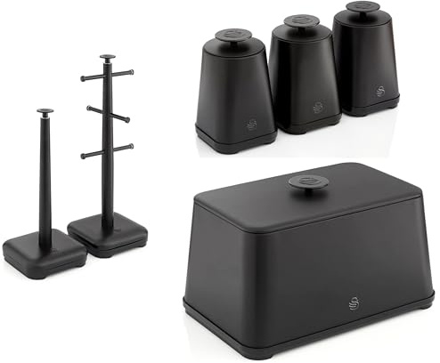 Swan Stealth Black Bread Bin, Tea, Coffee, Sugar Canisters, Mug Tree and Towel Pole. Sleek and Stylish Matching Kitchen Storage Set of 6 in a Matte Black Finish