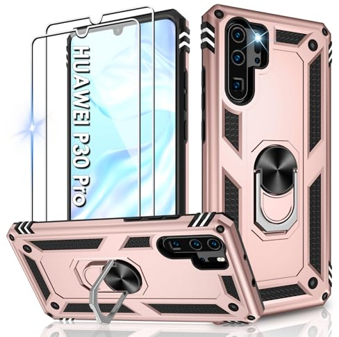 Jshru Handyhülle für Huawei P30 Pro Hülle Militärische Stoßsichere Schutzhülle mit Displayschutzfolie,360° Metall Ring Ständer TPU Bumper Aufprallschutz Case für Huawei P30 Pro,Roségold