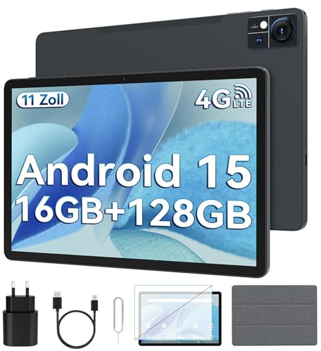 2026 Tablet 11 Zoll Android 15 | Dual 4G SIM 5G WiFi, 16GB RAM + 128GB ROM/1TB TF | Tablet Mit Schutzhülle | Octa-core Gaming Tablets | 13MP + 8MP | 7000mAh | 1280 x 800 | BT 5.0 | GMS | GPS | Grau