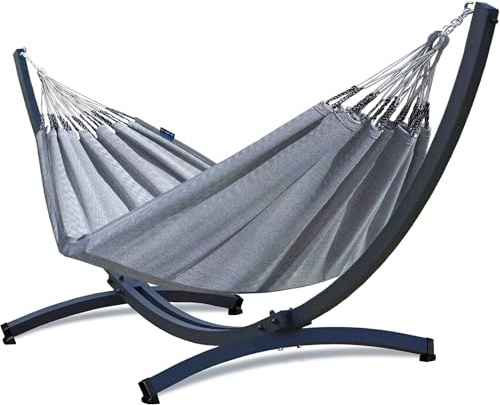 Potenza Outdoor Hängematte mit Tytan Gestell für 2 Personen I 100% Baumwolle Medelin Doppelhängematte 230x160 cm, 200kg I Hängemattengestell 350kg, wetterfest I Gestell Graphit, B&W