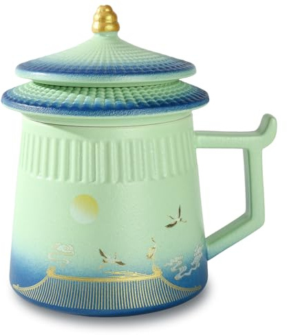 Coolpei Tea Cup with Infuser and Lid,Loose Leaf Tea Steeper Cup 14.8oz Ceramic tea Infuser Mug Travel Large Steeping Cup Diffusers Mugs with Fine Strainer and Handle