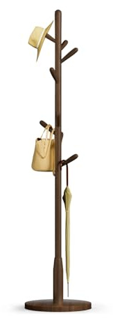 Solid Wood Round Base Coat Rack, Free Standing Hall Coat Tree with 8 Hooks（+2 spare) for Coats, Hats, Bags, Purses, for Entryway, Hallway, Rubberwood Hooks,Base and Pole(Round Base,Dark Walnut)