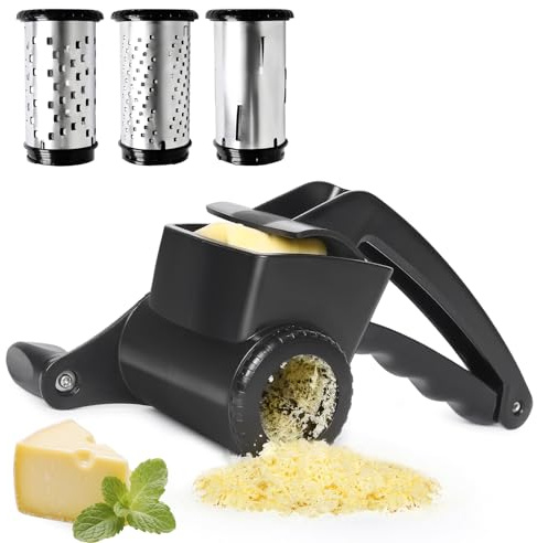 LHS Cheese Grater Hand Crank Set of 3, Rotary Cheese Grater Parmesan Cheese Shredder Handheld for Grating and Shredding Hard Cheese, Chocolate, （3 in 1,Black)