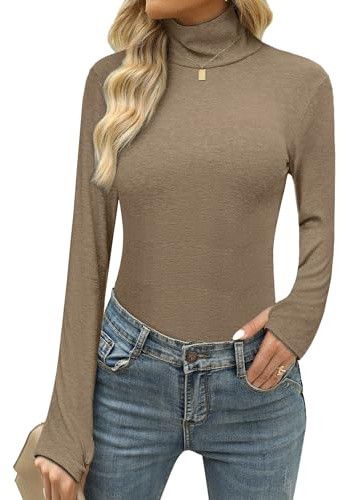 Terecey Camiseta Interior Mujer Manga Larga Cuello Alto Elástica Caqui