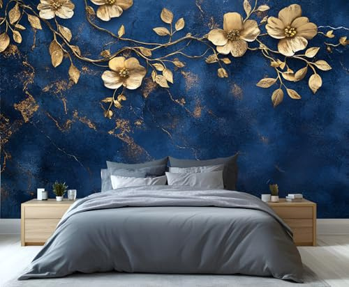 YXQAIED Floral Wallpaper, Navy Blue Wallpapers for Living Room, Not Self Adhesive Golden Floral Bedroom Wallpaper, Luxury Gold Leaf Photo 3D Wall Murals & Room Decor, 350x256cm