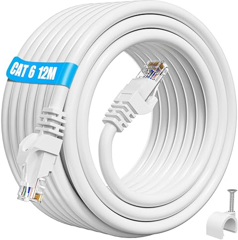 ikbc Cable Ethernet 12m, Cat 6 Cable RJ45 12m Haute Vitesse Câble Réseau, 1000Mbps Câble Internet 12 mètres, UTP 23AWG Blanc pour Routeur PS4/5 Switch (12 Clips)