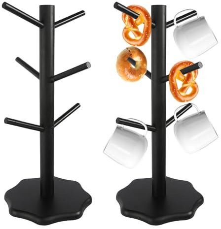 2 Stück Tassenhalter Stehend Holz Brezelständer Baum Tassenregal Schwarz Tassenständer Kaffeetassenständer mit 6 Haken Stabil Tassenhalter Tassenständer Holz für Küchentheke Tabletop Kaffeetassenregal
