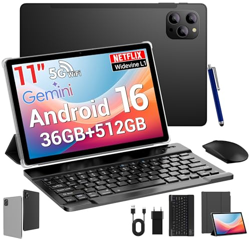 DRIVNEXT Tablet 11 Pollici Android 16 Tablet 5G WiFi,Octa-Core 2.0Ghz,36GB RAM+512GB ROM/8000mAh/Face Unlock/OTG/GPS-Tablets in Offerta con Tastiera e Mouse,Nero