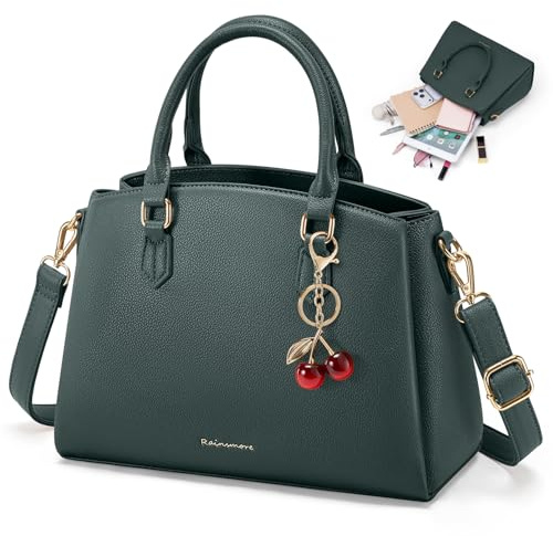 RAINSMORE Handtasche Damen Mittelgroß PU Leder Henkeltaschen Damenhandtasche passt 11 Zoll Tablet Umhängetaschen mit Abnehmbar Schulterriemen Handtaschen für Shopper Büro Arbeit Dunkelgrün