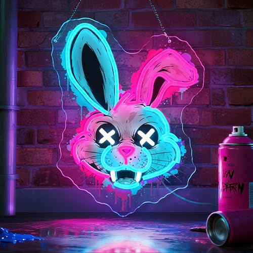 GGAQQ Gekritzel Hase Neon schild Cyberpunk LED Neonlicht | Hängeschild für Gaming Zimmer Spielzimmer Schlafzimmer Wohnzimmer Geburtstag Geschenk