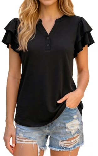 Enmain Nero Camicie Donna Estate Blusa con Scollo a V e Volant a Maniche Corte Casual Ufficio Camicetta con Bottoni XXL