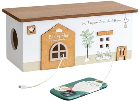 Cable Storage Box, Wooden Chalet Design Containers | Organizer Box for Wires and Cables for Outdoor Office DIY Electronics Telephone TV Travel