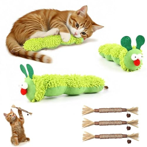 SRVAXZN 5 Stück Katzenminze Spielzeug, Weiches Katzenminze Kissen Grün Raupenform Katzenspielzeug Selbstbeschäftigung Katzenspielzeugs Matatabi Stick Katze für Katzen Zahnhygiene