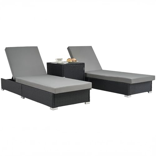 Warmiehomy Rattan Sun Loungers for Garden Set of 2 with Side Table, Adjustable Back Garden Lounger Sunbed with Cushions, 3 Pieces Outdoor Recliner Chair Lounge Set Furniture for Poolside Patio, Black