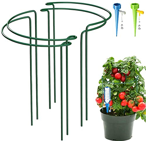 KAZITOO 4 Stück Metall Halbrunde Garten Pflanzenhalter, Metallblumenstützen Ringkäfig-Gartenrand mit 2 Automatisch Bewässerung Set für Topfpflanzen, Tomaten, Rose, Pfingstrose (40X25cm)