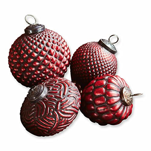 Loberon Weihnachtsschmuck 4er Set Meyen – Nostalgie-Charme, besonderer Musterung, Rot, passenden Eisenkappe – Glas, rot