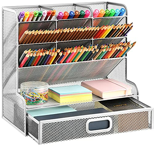 Marbrasse Organizador Escritorio Cajones,Malla Multifuncional para Porta Lápices,Organizador Estacionario de Escritorio,Estante de Almacenamiento para Escuela,Hogar,Suministros Arte(Plateado Cajón)