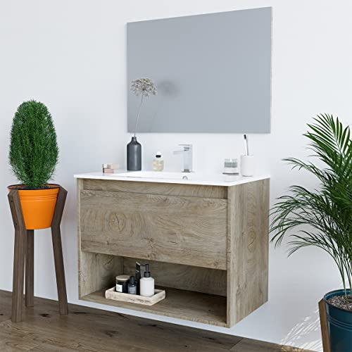MarinelliGroup Mobile Bagno 80 cm sospeso con lavabo in ceramica cassettone e specchio ROVERE CHIARO Sprint 305020C