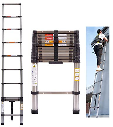 3,2m Teleskopleiter Ausziehleiter Edelstahlleiter für Wohnmobil/Dachboden/Büro/Warenhaus Mehrzweckleiter leicht zu tragen 150 Kg Belastbar