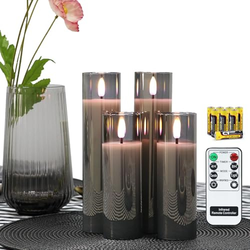 Rhytsing Grau flammenlose Led Kerzen im Glas, 4 Glaswindlichter mit Batterien und Fernbedienung enthalten - D 5 cm
