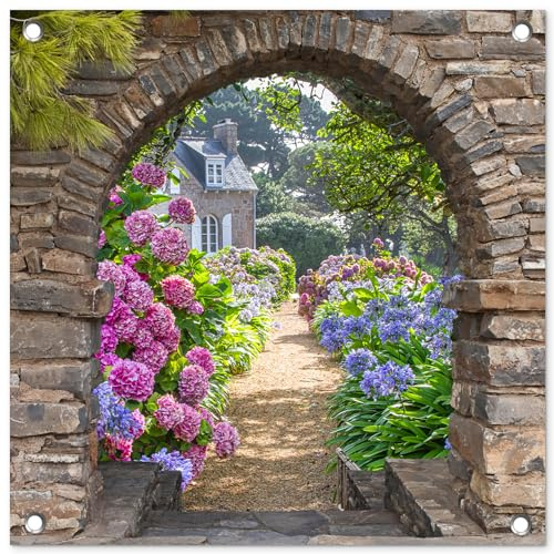 MuchoWow Outdoor-Poster Poster Wanddeko draußen Deko Garten Gartenposter 50x50 cm Blumen - Guck-guck - Hortensie - Sommer