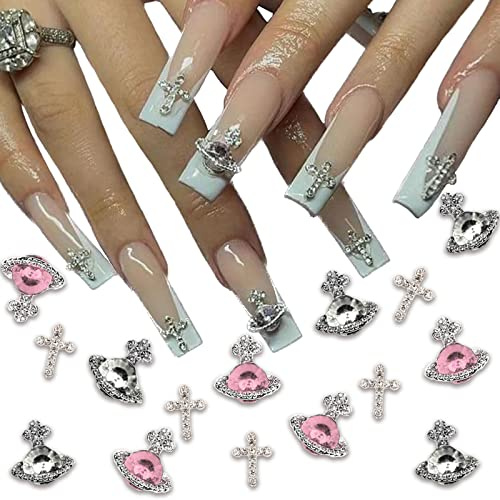 25 Stück Planet Nail Art Charms Weiß Rosa 3D Kreuz Nail Art Zubehör Saturn Form Strass Design Nagel Edelstein Glänzender Nagelschmuck Acryl Nagel Zubehör für Frauen Nagel Dekoration