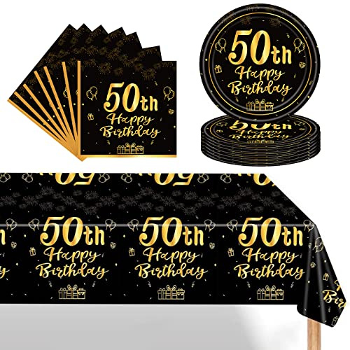 Schwarz Gold 50 Geburtstag Partygeschirr Set,Einwegteller 7 Zoll Servietten Kunststoff Rechteckige Tischdecke,37 Stück Schwarz Gold Partygeschirr Set für Männer Frauen 50 Geburtstag Party Dekorationen