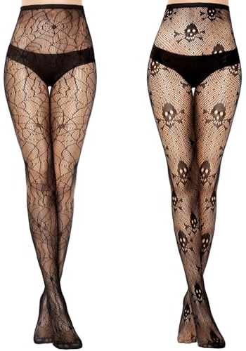 Kiiwah 2 Paia Calze a Rete Donna Halloween, Nero Collant Rete a Ragnatela & Cranio per Feste, Club, Carnevale, Tutti i Giorni