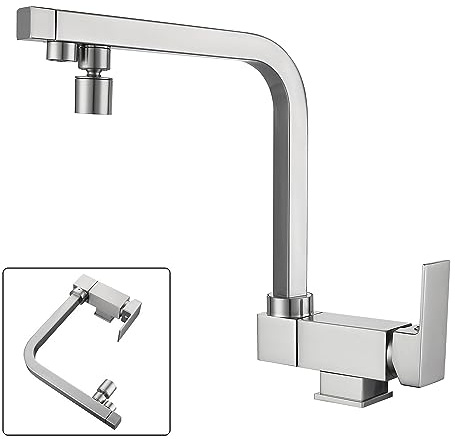 SJQKA 3 Wege Wasserhahn Vorfenster Küchenarmatur, Klappbar Messing, Sprudel Wasserhahn Küche Vorfenstermontage (Gebürsteter Nickel)