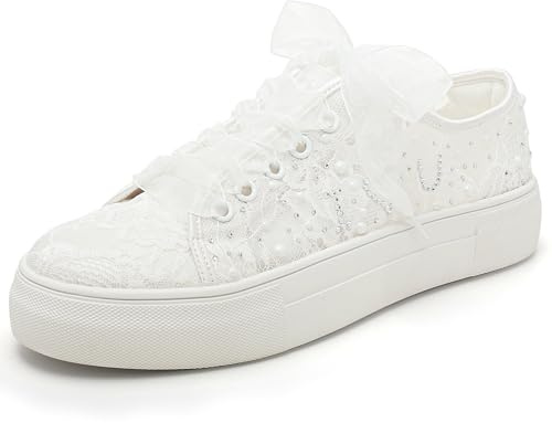 Elivandon 9996 Hochzeit Schuhe Spitze Braut Sneakers 3,7cm Plattform Braut Tennis Schuhe Sparkling Strass Hochzeit Sneakers Farbe Elfenbein,Größe 42 EU (8 UK)