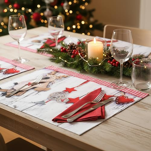 KAMACA 4er Set Tischsets Platzsets Platzmatten aus Stoff für Küche Esstisch waschbar Eyecatcher Winter Advent Weihnachten Größe 30x45 cm (4er Set Rentier und Sterne auf Holz 45x30 cm)