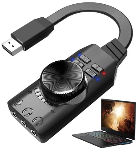 CENMOO Carte son USB - Virtual 7.1 Surround Sound Card pour PC avec contrôle du volume - Adaptateur casque USB, audio USB sans pilote pour jeu, League of Legend, casque