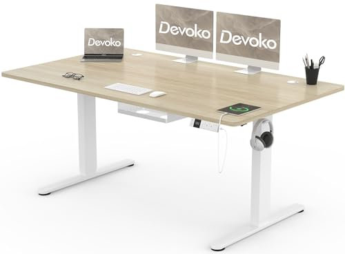 Devoko Höhenverstellbarer Schreibtisch 160x80cm mit Typ-C Ladeanschluss, Schreibtisch Höhenverstellbar Elektrisch, Mobiler Elektrisch Computertisch mit Kabel Management Tray, Eiche