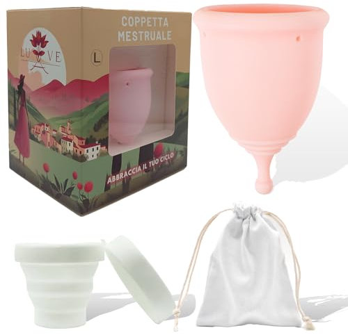 LuVè Coppetta Mestruale Sterilizzabile con Sterilizzatore Microonde, Include un Borsa in Corda di Cotone per Hygine della Coppette Mestruali (L)