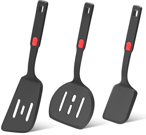 Beijiyi Pfannenwender Silikon, Hitzebeständiger Pfannenwender Silikon Küchenhelfer Set, Antihaft, BPA Frei Große Küchenutensilien für Eier, Pfannkuchen, Fisch, 3 Stück, Schwarz