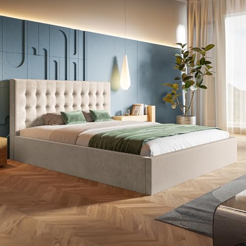 MOTIVENA Lili Bett 140x200 Beige Samt, mit Stauraum, mit Kopfteil, mit Lattenrost, ohne Füße, ohne Matratze, Polsterbett 140x200 mit Bettkasten Beige (Creme)