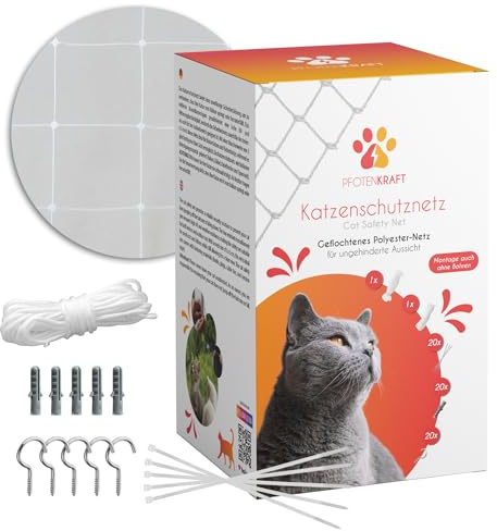 PFOTENKRAFT Premium Katzennetz aus Polyester für Balkon & Fenster ohne Bohren 3 x 6m - großes Balkonnetz transparent, reißfest & wetterfest - Katzenschutznetz Fenster - inkl. Befestigungsmaterial