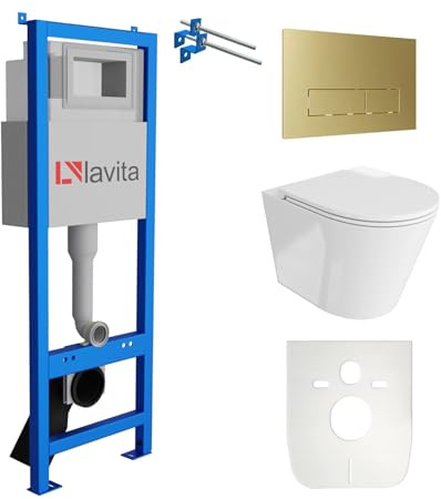 Lavita LAV 101 Vorwandelement für WC 40cm + Wand Hänge Tiefspül WC GALVE Weiß Spülrandlos + Bedienplatte LAV 200.3.5 Gold | Komplettset | Unterputz Spülkasten | Toilette Komplett Sett