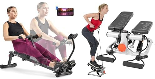 Sunny Health & Fitness Advanced Mini Home Steppers, Total Body Workout Stair Machine w/Resistance + Sunny Health & Fitness Smart Compact Adjustable Rowing Machine, 12 Levels Adjustable Resistance