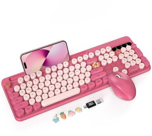 Wireless Keyboard and Mouse Combo, Retro Round Keycaps, Full-Size Cute Typewriter Keyboard with Large Phone/Tablet Holder, Auto-Sleep, 2.4GHz Cordless Connection for Windows/PC/Laptop