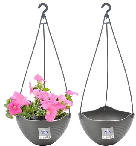 YuanDiann 2er Pack Hängende Blumentöpfe mit Wasserkontrollnetz, 360 Grad Drehung Selbstabsorbierende Blumentopfkorb Plastik Außen Innen Blumenampel Garten Dekoration Dunkelgrau 24cm